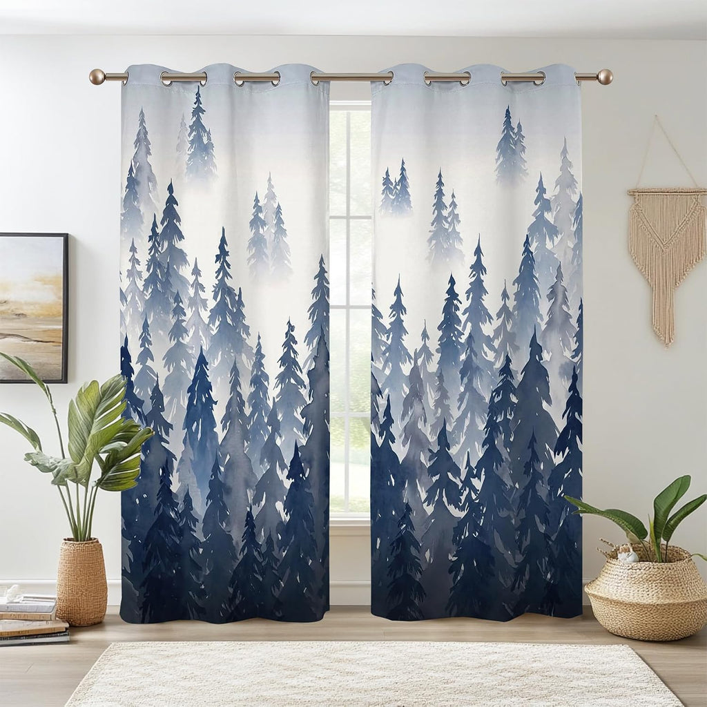 Navy Forest Mountain Blackout Curtain Panels
