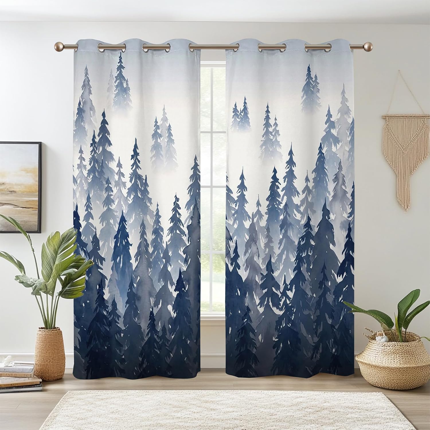 Navy Forest Mountain Blackout Curtain Panels