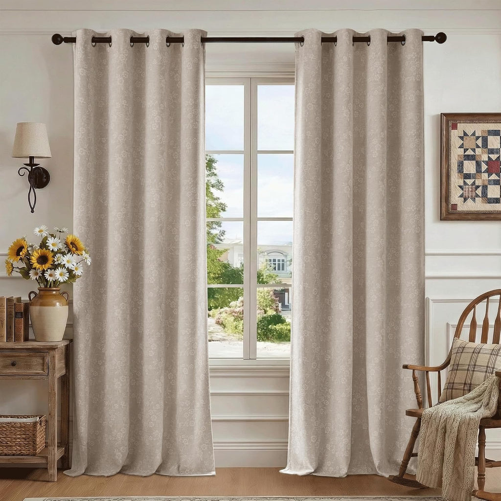 Beige Floral Chenille Blackout Curtain Panels