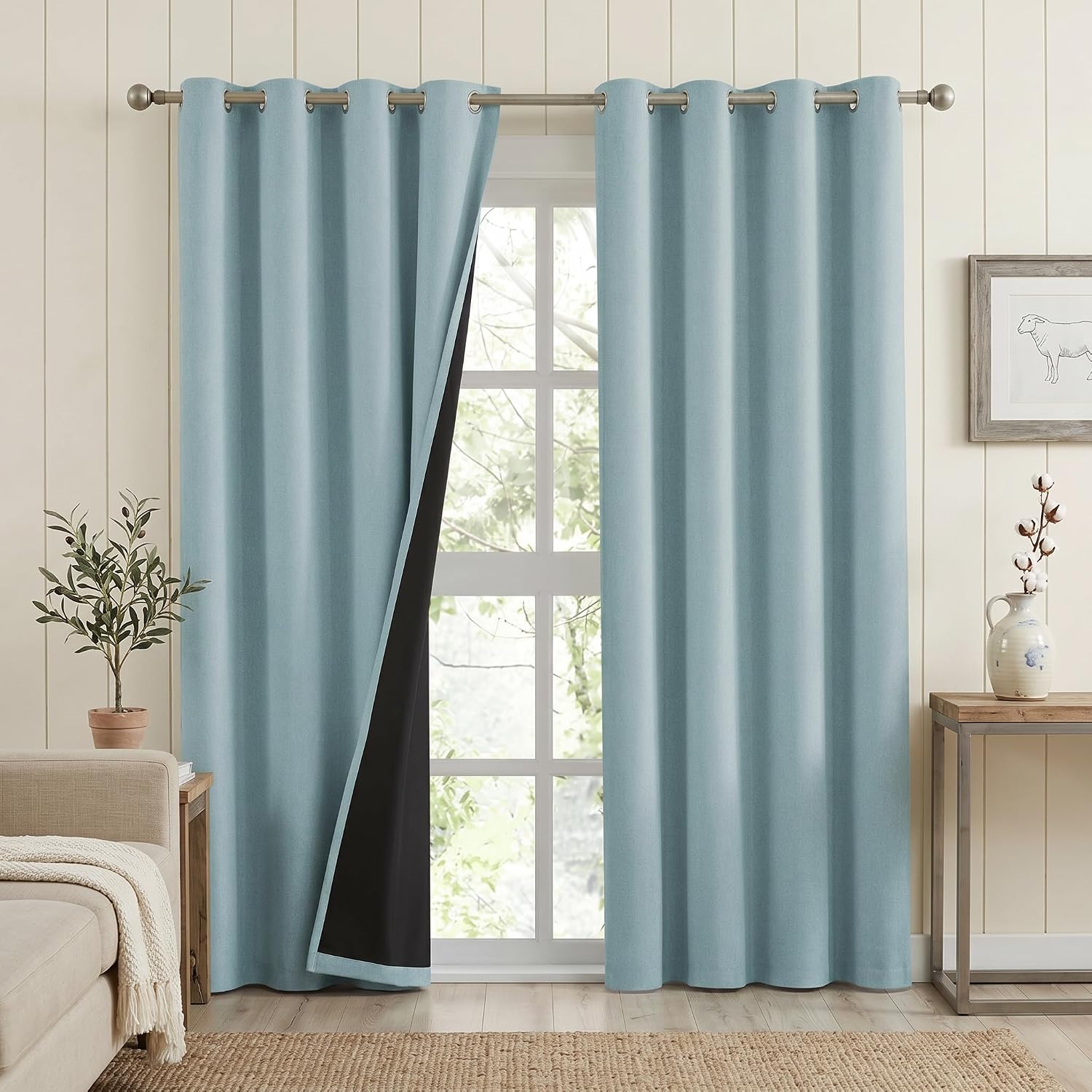 Light Blue Linen Blackout Window Curtain Panels