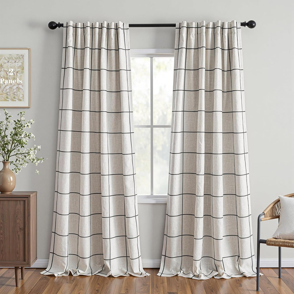 Black Plaid Linen Blackout Farmhouse Curtains