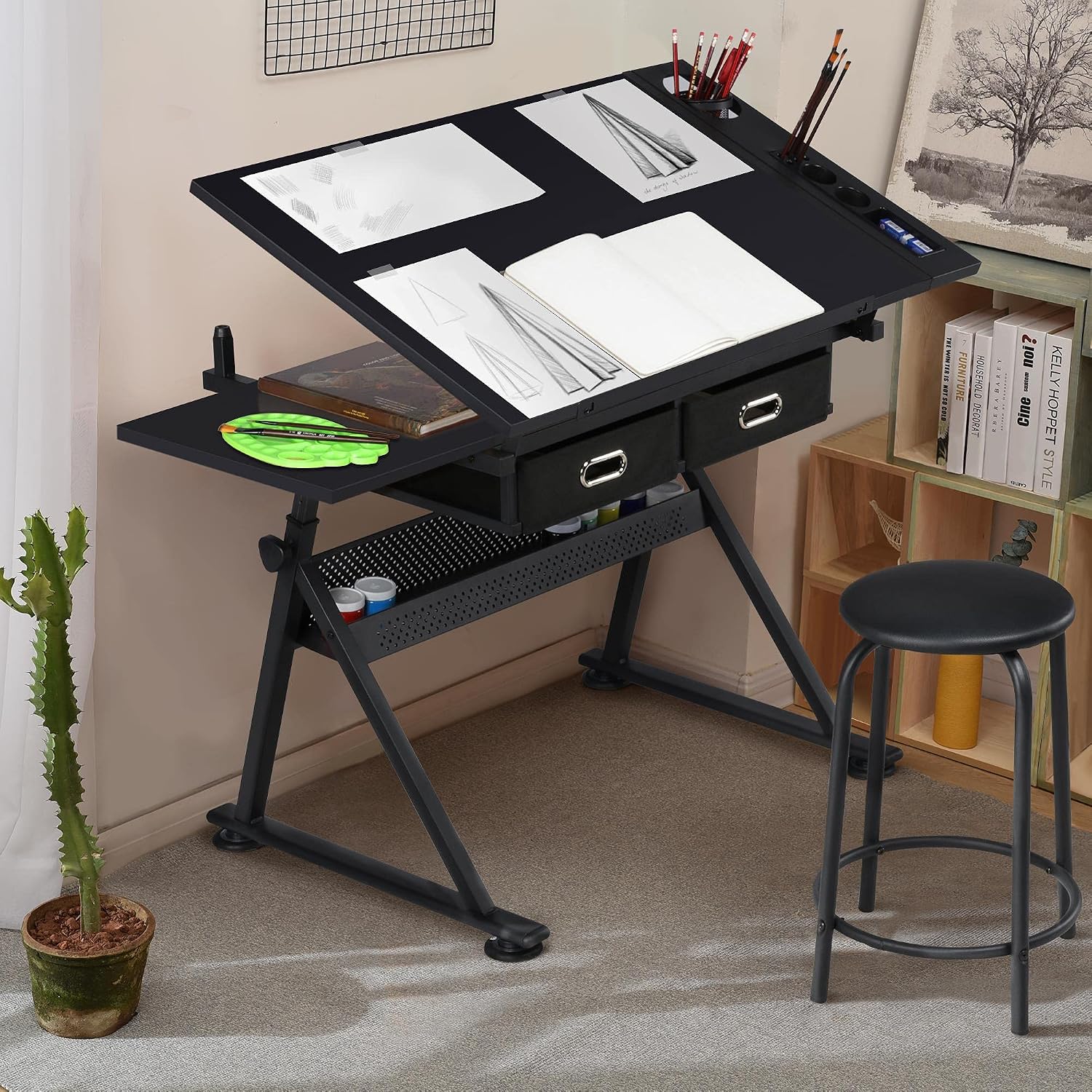 Adjustable Black Art Desk With Drawers Stool