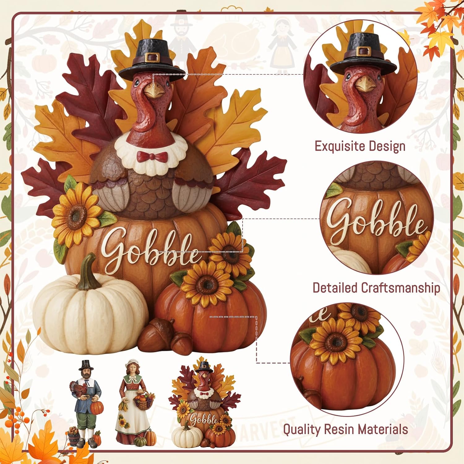 Resin Turkey Pilgrims Thanksgiving Fall Table Decor