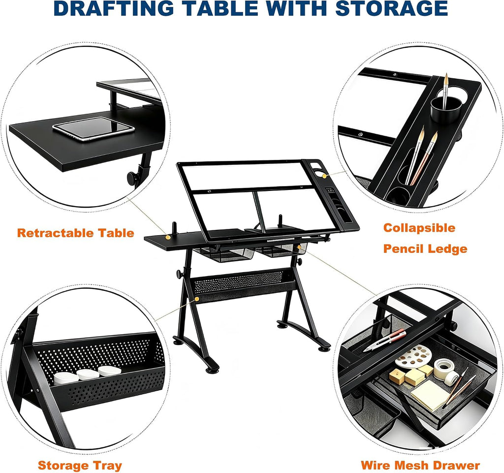 Black Tilting Glass Desk With Stool Drawers