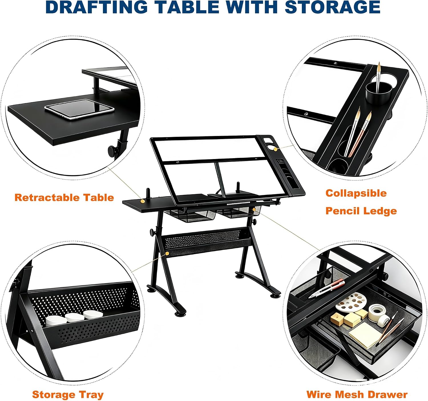 Black Tilting Glass Desk With Stool Drawers