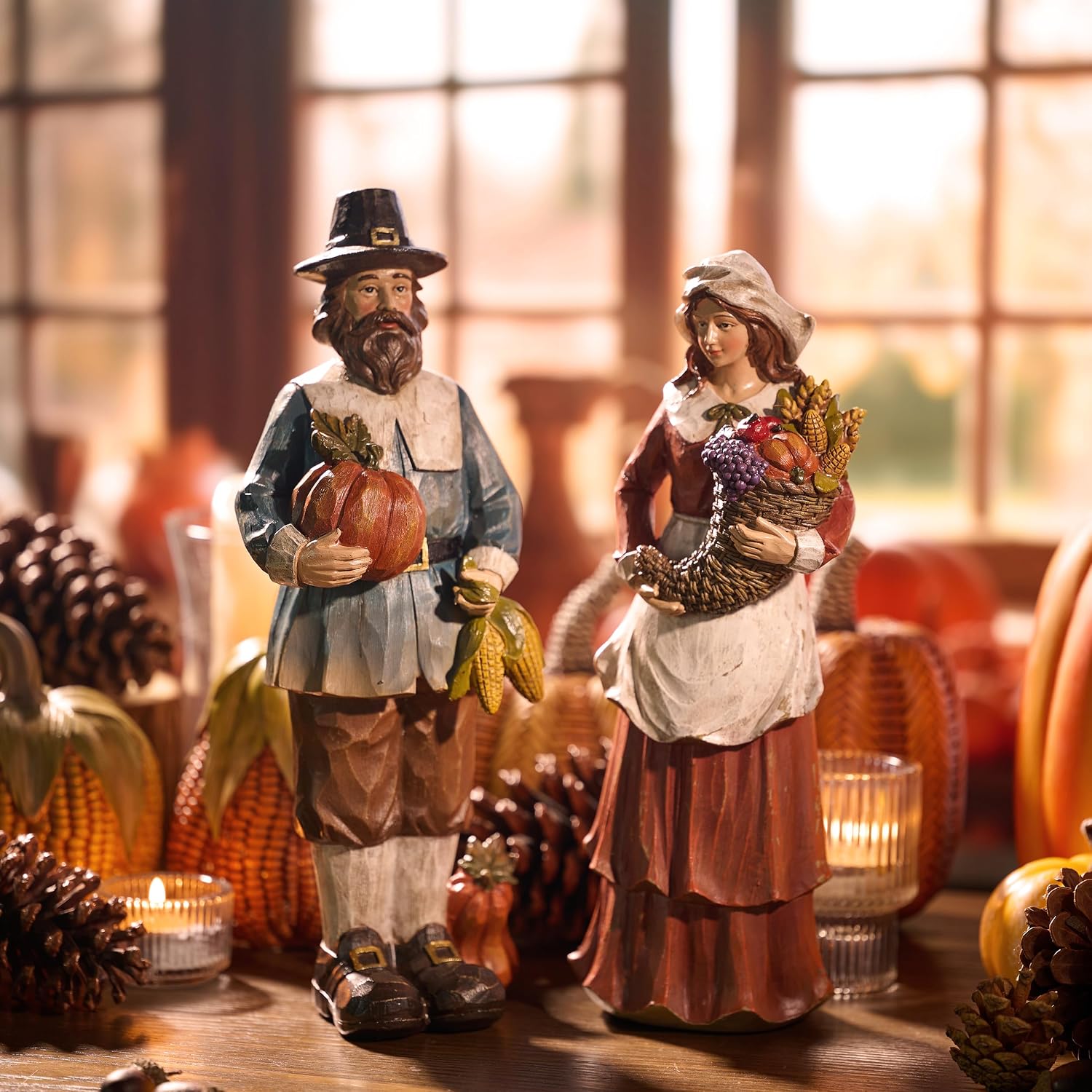 Resin Pilgrim Pumpkin Fall Thanksgiving Decor Figurines
