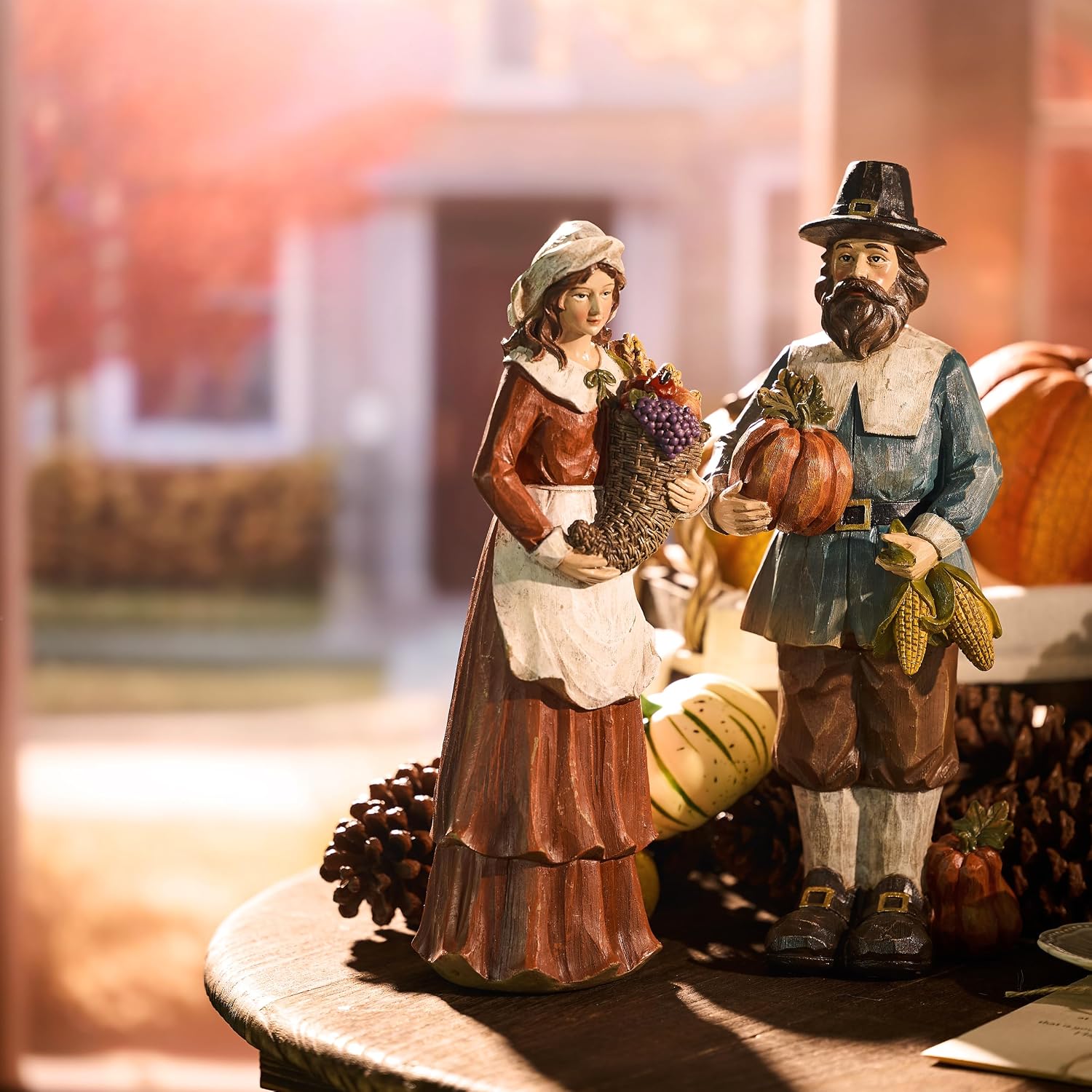 Resin Pilgrim Pumpkin Fall Thanksgiving Decor Figurines