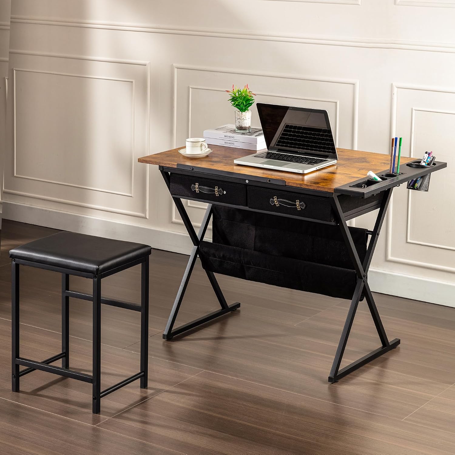Rustic Brown Tilt Desk With Drawers Stool