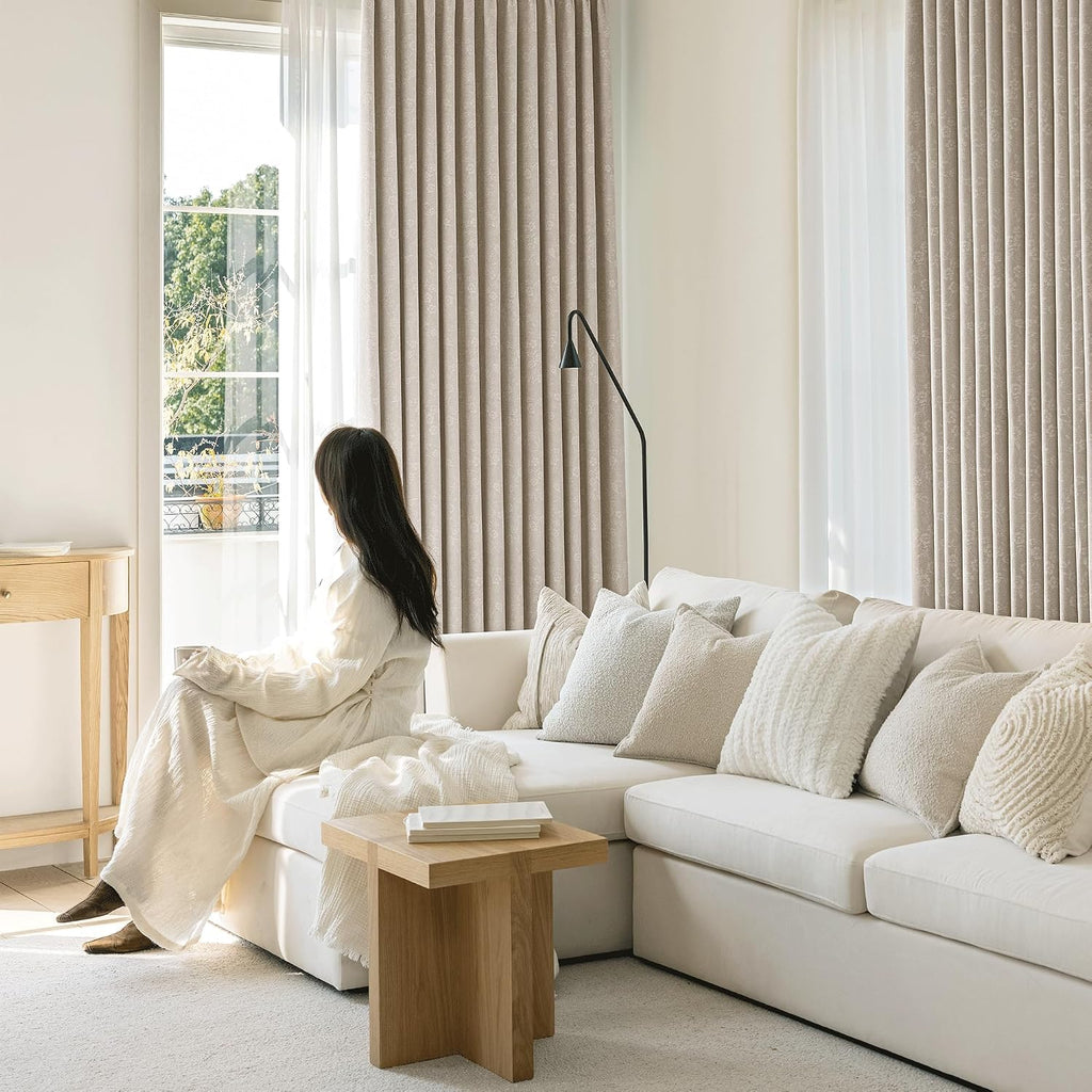 Beige Floral Chenille Blackout Curtain Panels