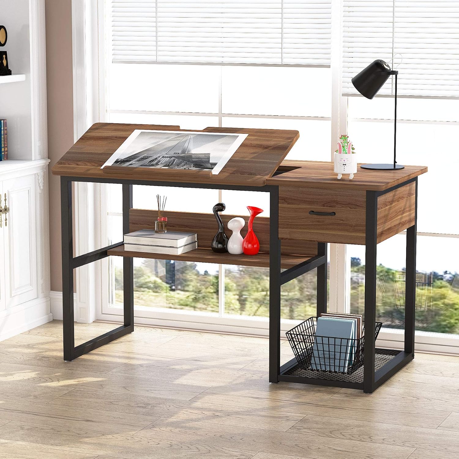 Tiltable Artist Desk With Drawers Shelves