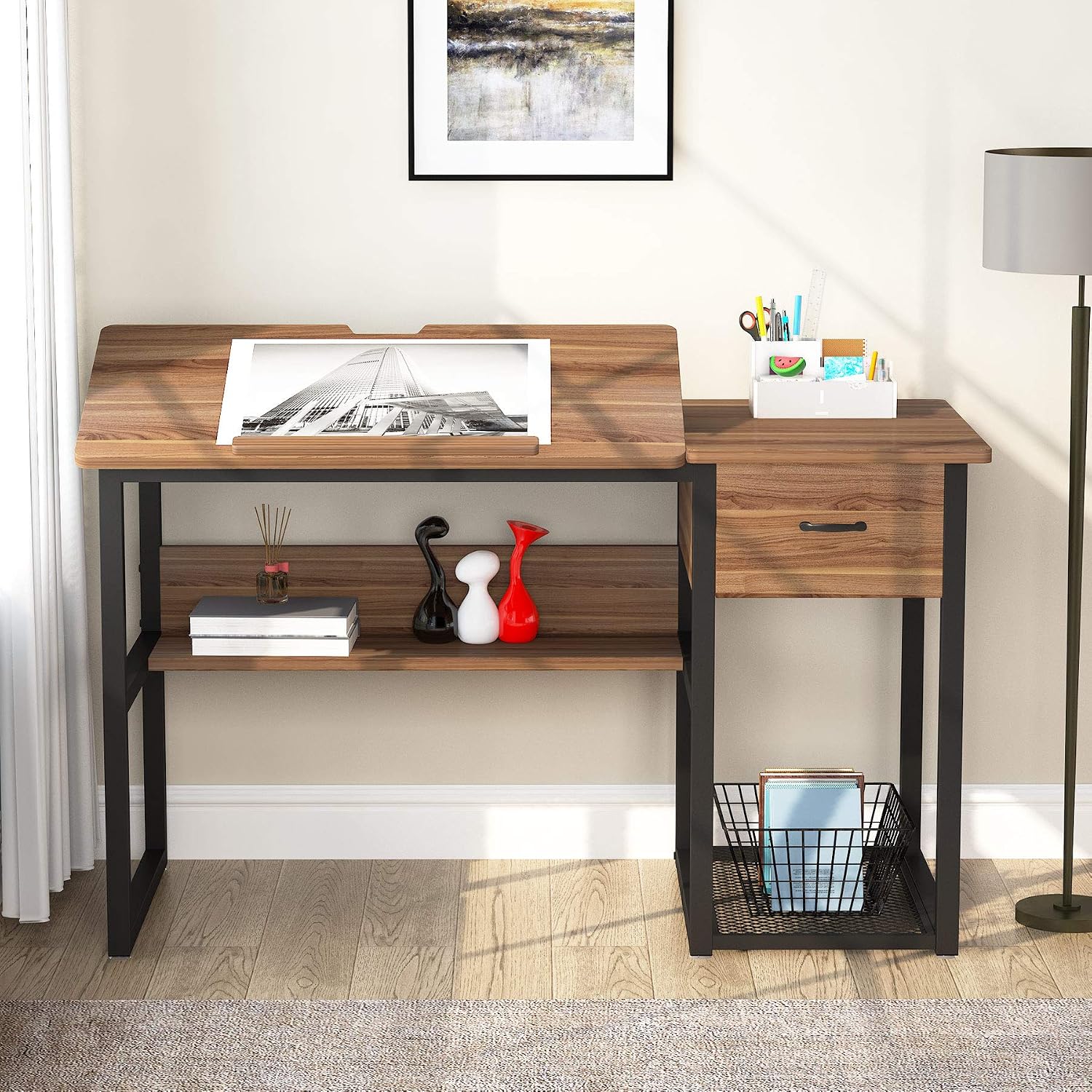 Tiltable Artist Desk With Drawers Shelves