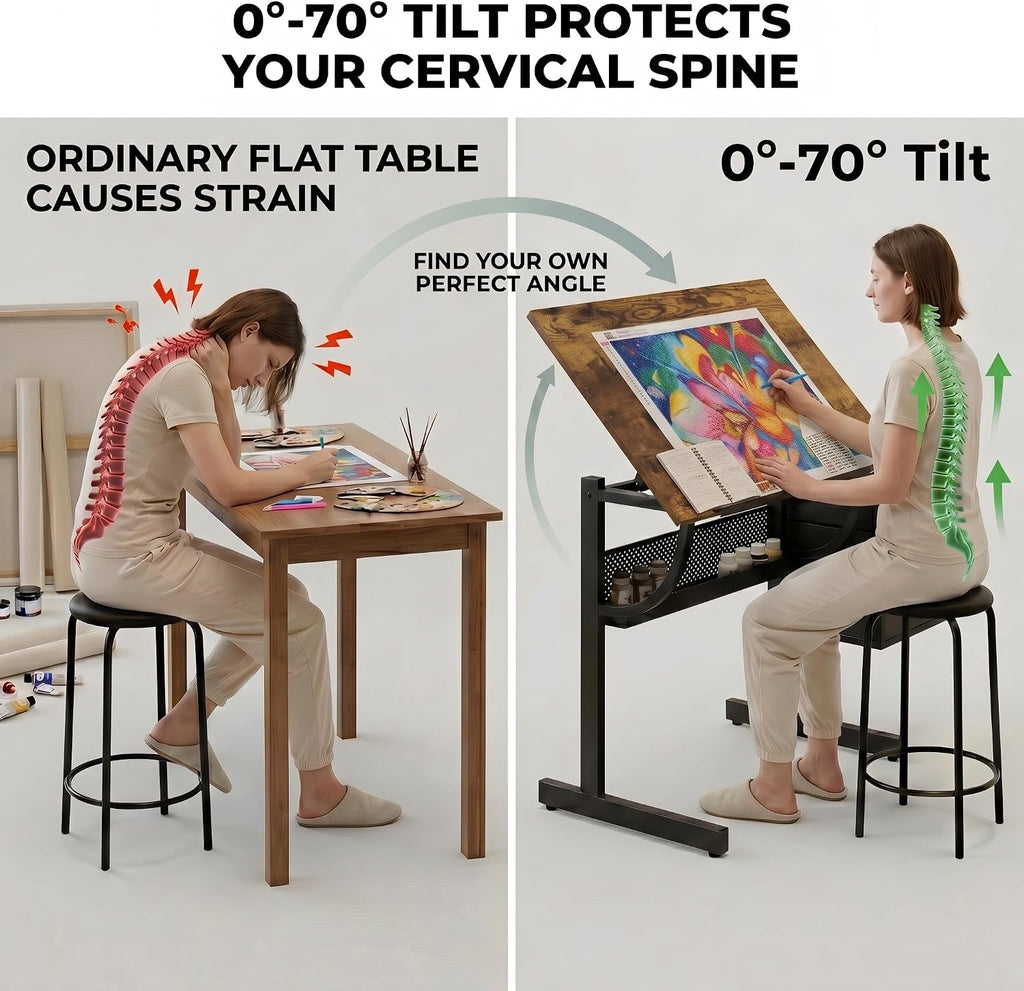 Wood Tilt Art Desk With Stool Three Drawers