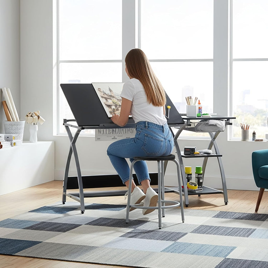Tilting Steel Art Desk With Stool Storage