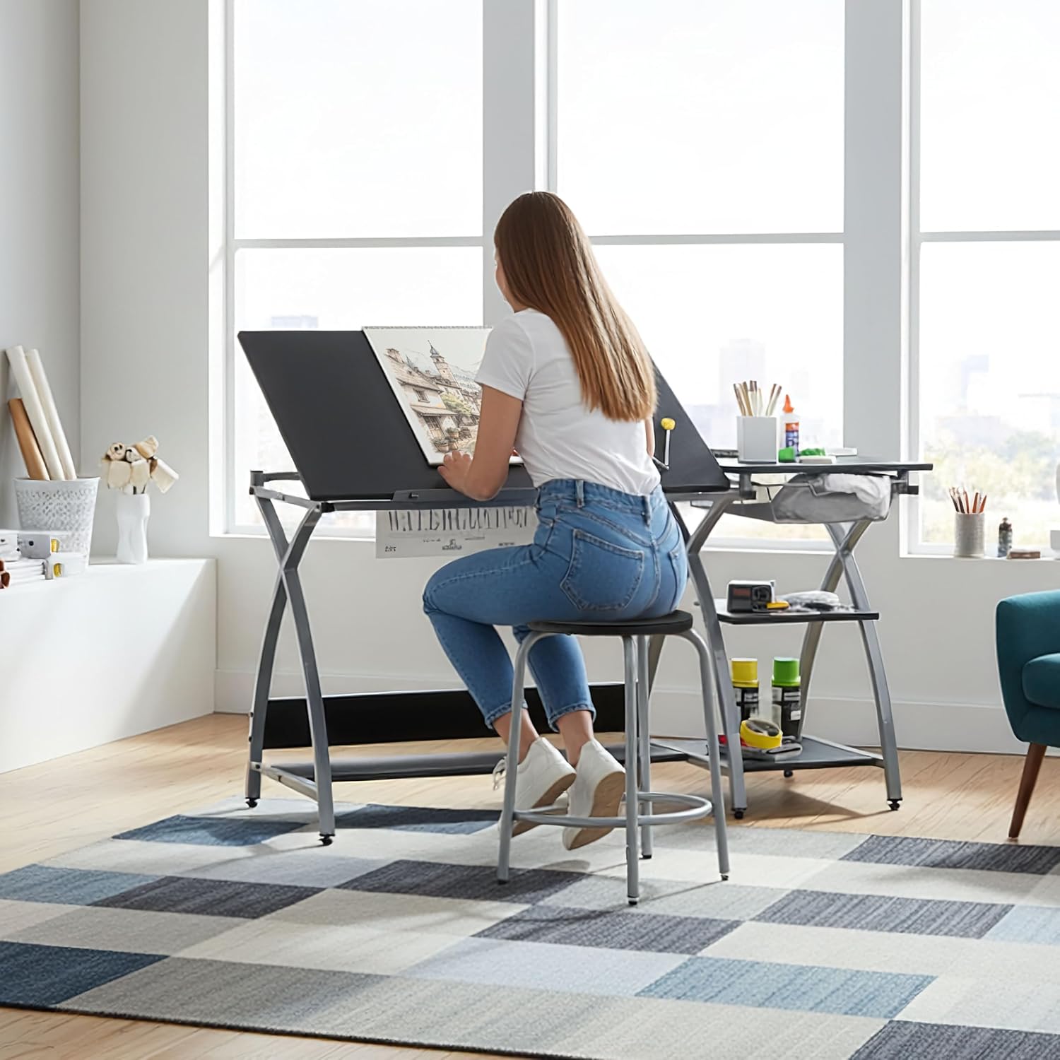Tilting Steel Art Desk With Stool Storage