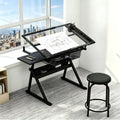 Black Tilting Glass Desk With Stool Drawers