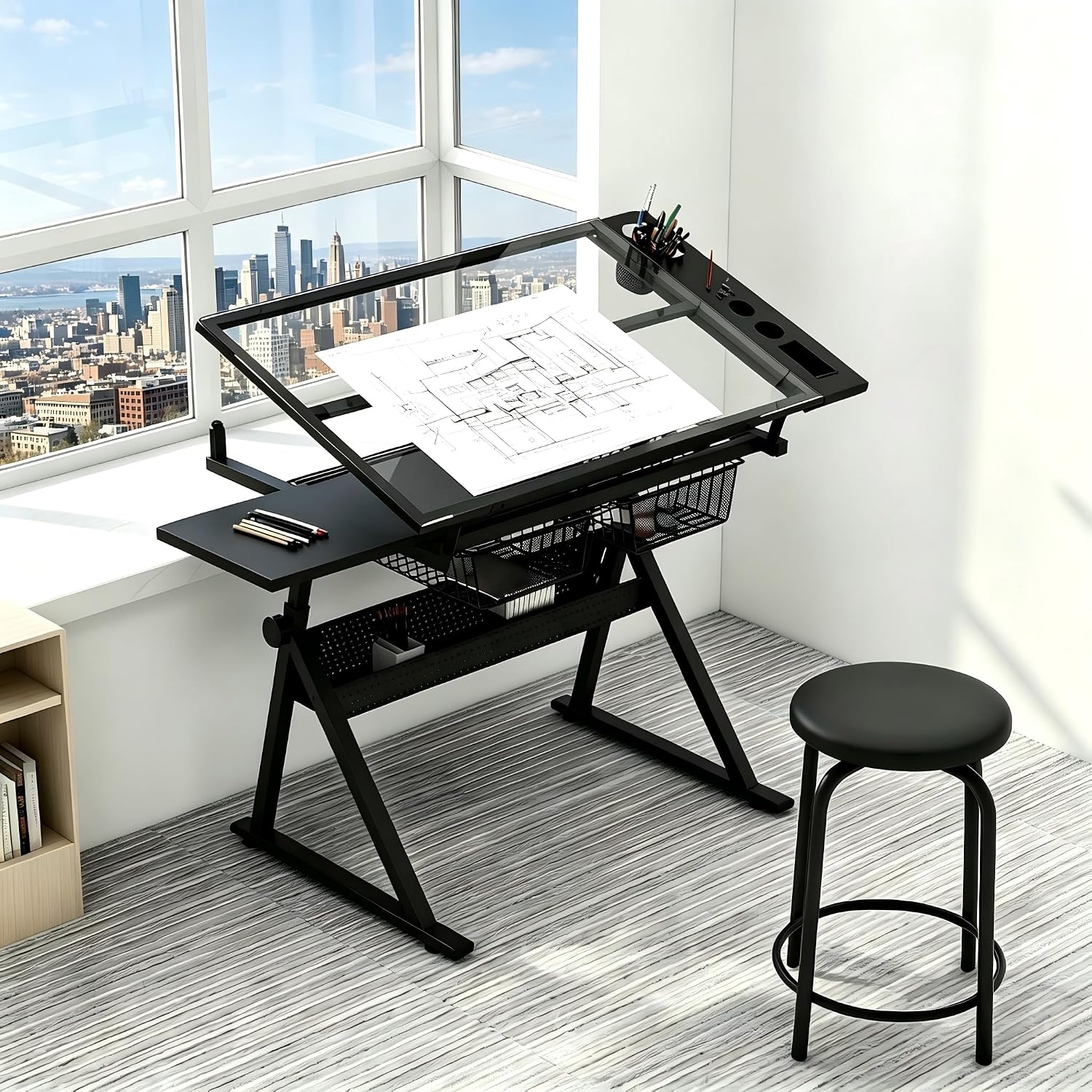 Black Tilting Glass Desk With Stool Drawers