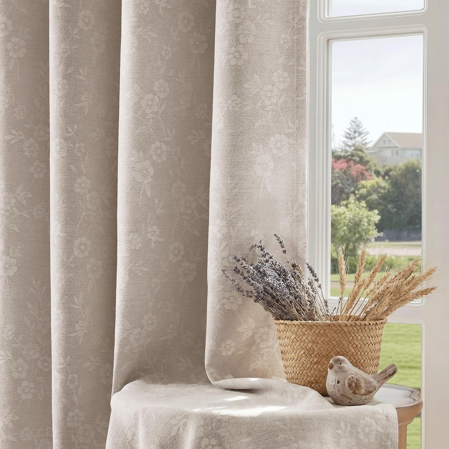Beige Floral Chenille Blackout Curtain Panels