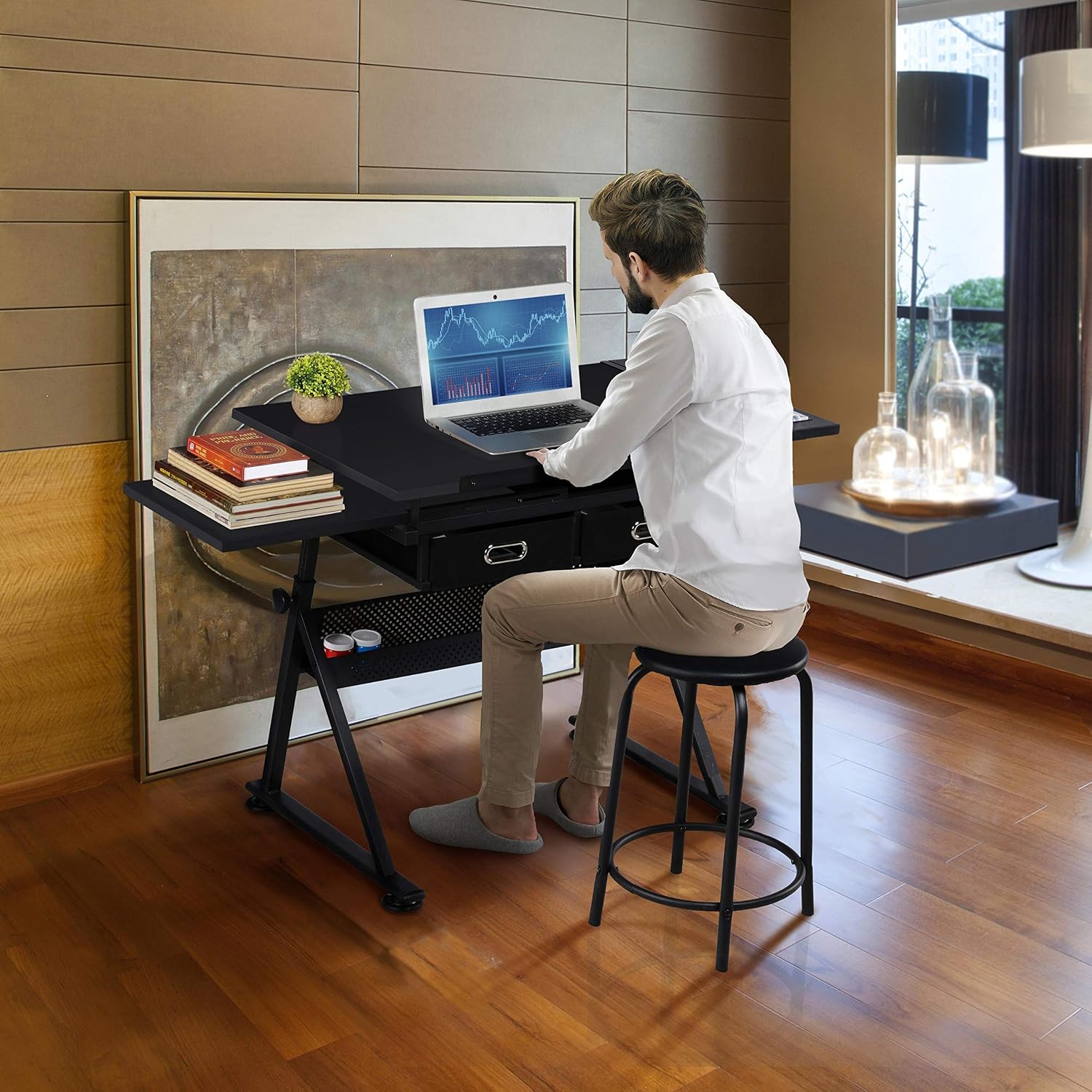 Adjustable Black Art Desk With Drawers Stool