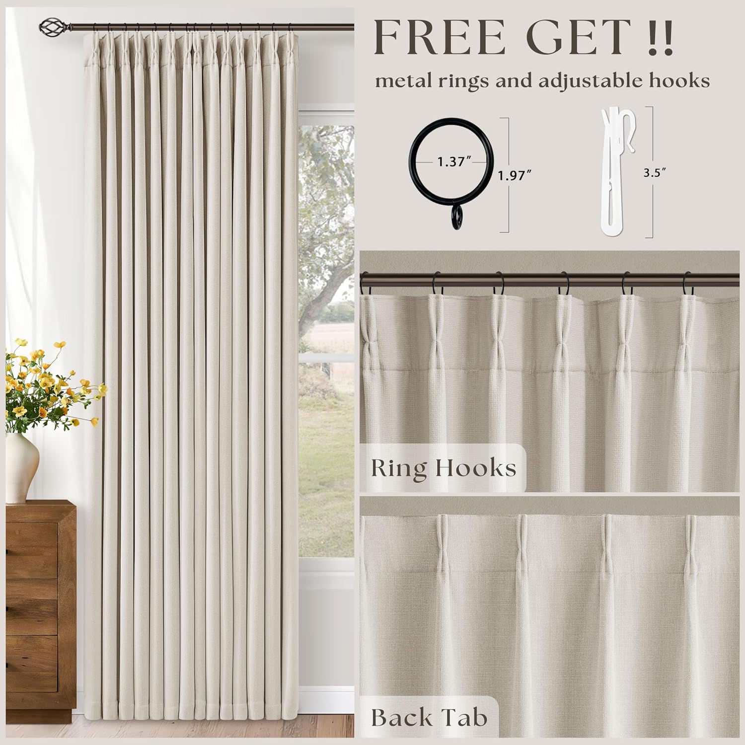 Cream Linen Pinch Pleat Blackout Curtain Panels