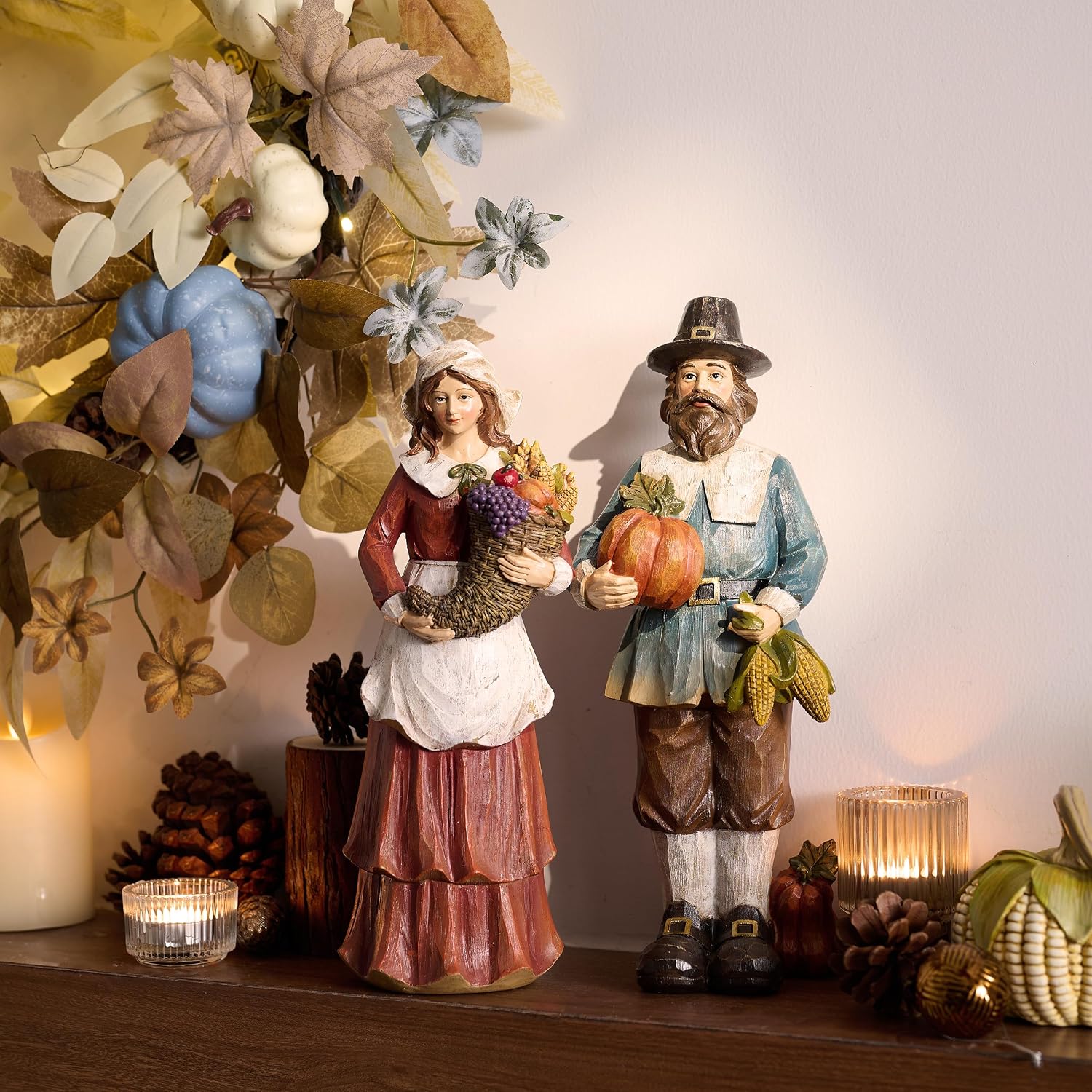 Resin Pilgrim Pumpkin Fall Thanksgiving Decor Figurines